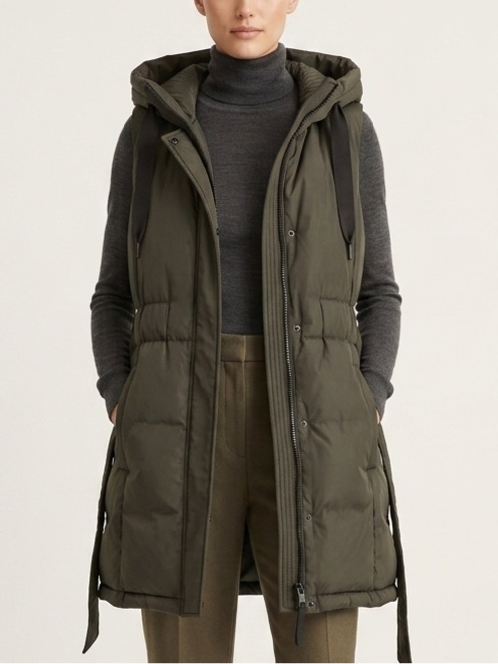 Sam Edelman Hooded Long Puffer Vest Dark Olive Green Small Adjustable Waist - S - Picture 1 of 16